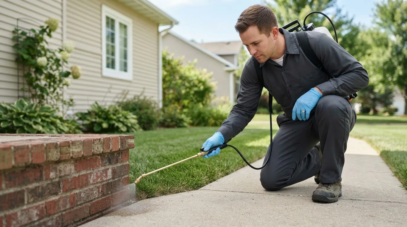Pest control technician treating a home near Bucyrus, OH
